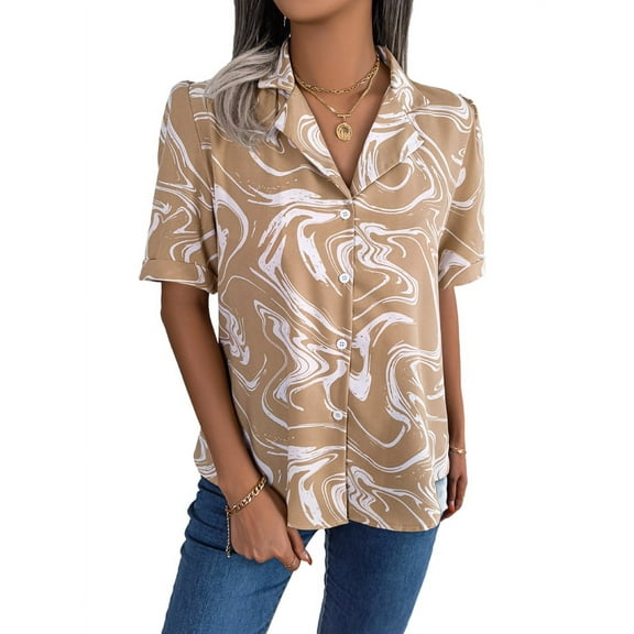 Women'S Casual Suit Collar Contrast Loose Short-Sleeved Shirt Khaki L