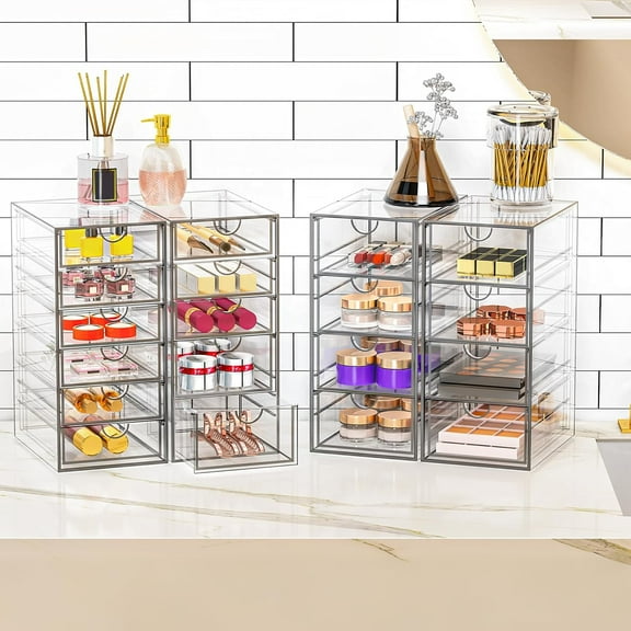Acrylic Makeup Organizer with 19 Drawers, 4 Pack Clear Storage Bins for Vanity, Cabinet, Desk Organization