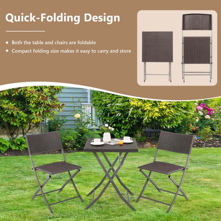 Aimee Lii 3 Pieces Patio Bistro Set with Folding Wicker Chairs and Table, Outdoor Patio Furniture, Brown