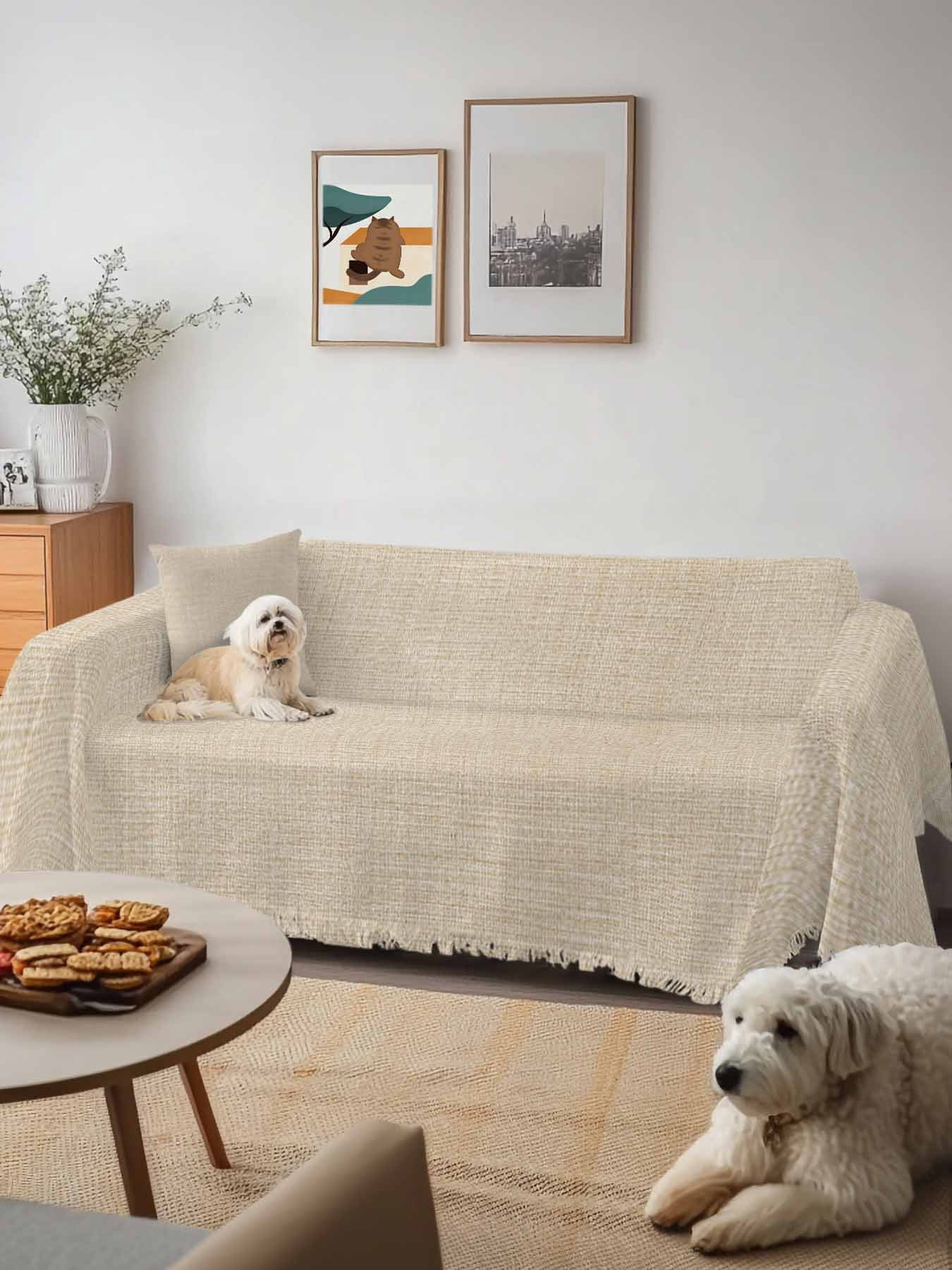 Vintage Cream Couch Cover for Dogs, Farmhouse Retro Beige Solid Color Washable Sofa Covers Slipcover for Pets Dogs Futon Cover, Couch Recliner Covers, Oversized Chair Slipcover 71"x91"
