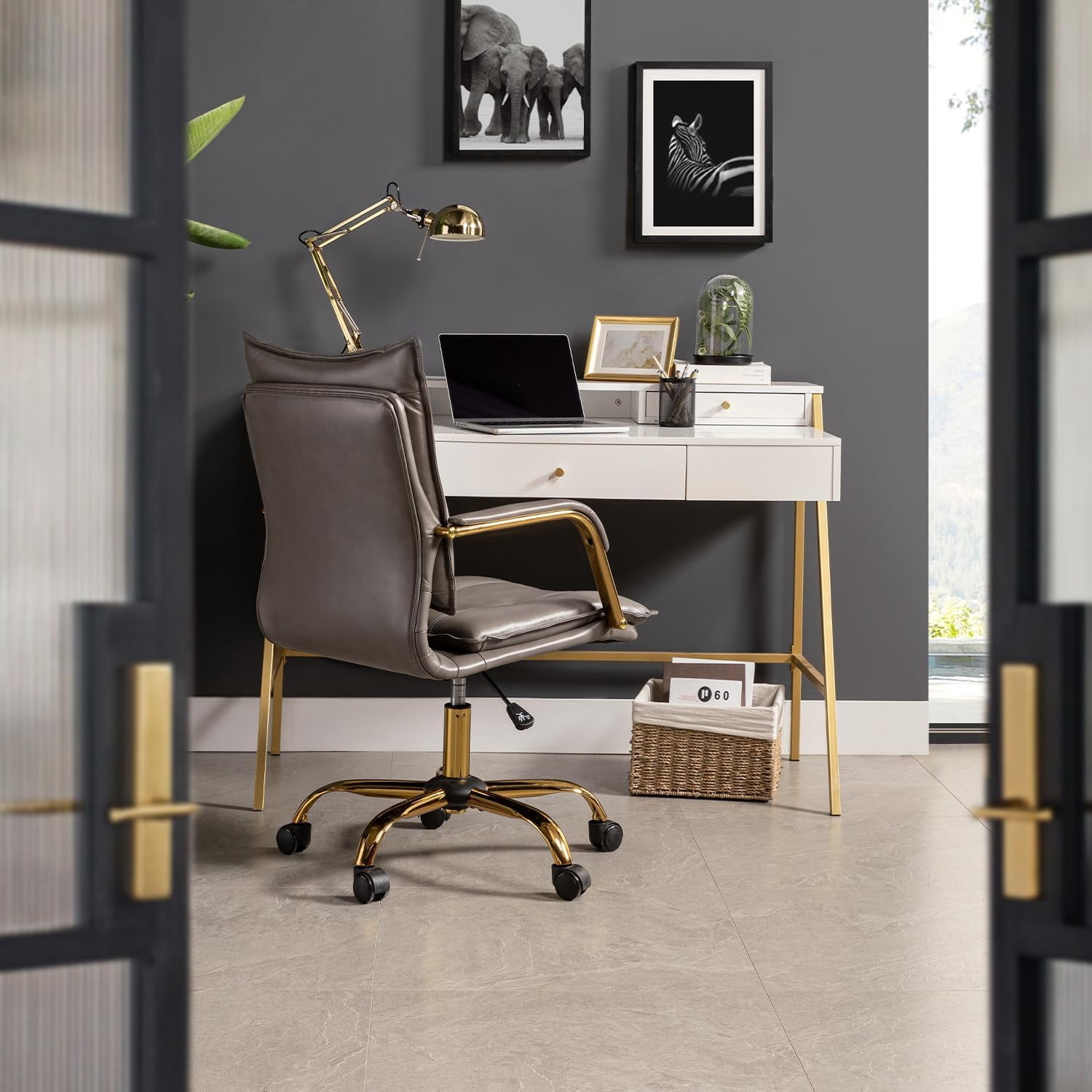 Faux Leather Office Chair Adjustable Swivel Desk Chair with Golden Legs and Arms Upholstered, Grey
