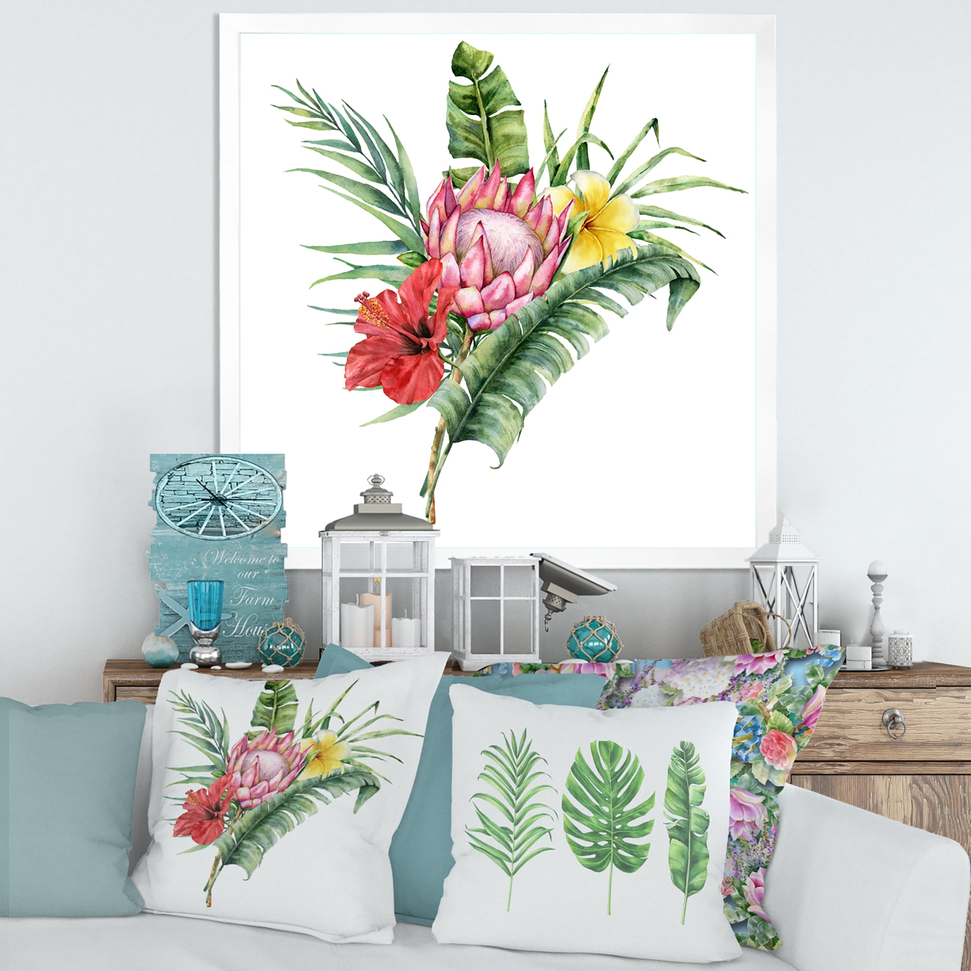 Designart 'Flowers Bouquet With Protea Plumeria Hibiscus' Traditional Framed Art Print
