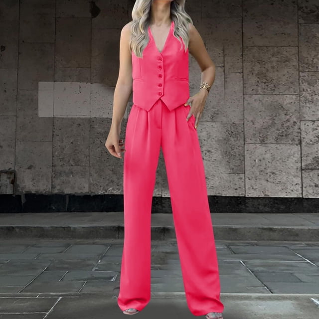 Womens 2pc Button Vest Shirt & Wide Leg Pants Set - Cotton Blend, Chest Design, Casual/Formal Outfit, S-XXL Sizes