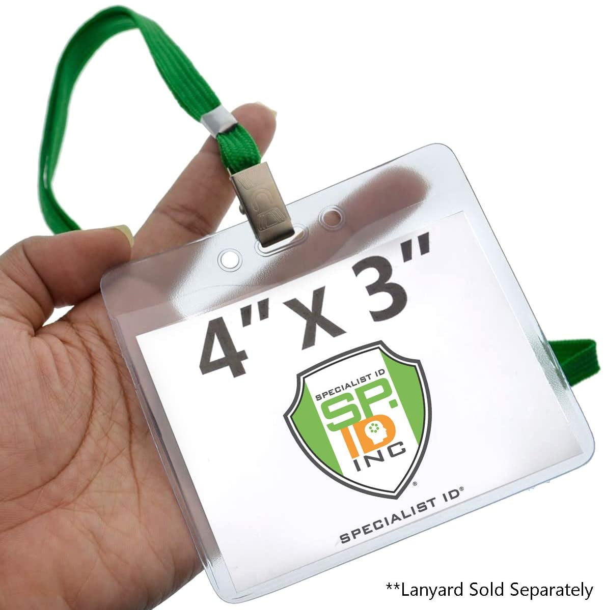 100 Pack - 4X3 Name Badge Holder - Heavy Duty Clear Plastic Horizontal 4 x 3 Name Tag Lanyard Holder for Conference, Convention & Events by Specialist ID