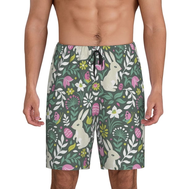 Balery Retro Bunny Floral Pantalones cortos de pijama de punto de algodón para hombre con cinturilla y bolsillos-Medium