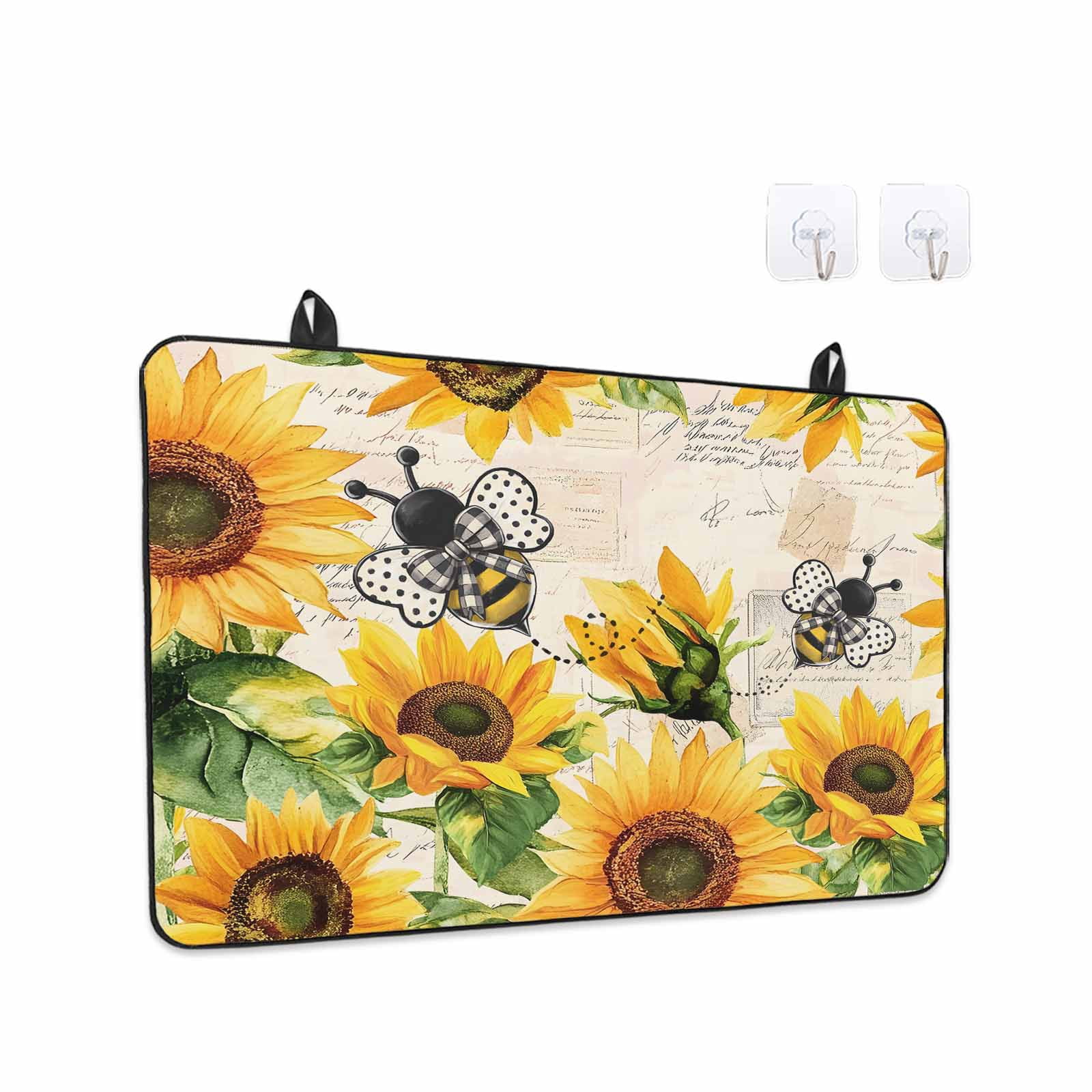 Sunflower Bee Stove Top Cover for Electric Stove, Heat-proof & Non Slip Glass Top Stove Cover Protector, Yellow Botanical Vintage Rose Floral Spring Kitchen Flat Cooktop Rubber Mat 24x21 Inches