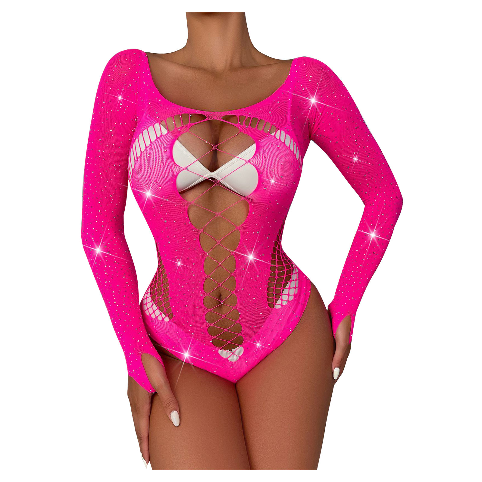 Sexy Lingerie for Women Sparkle Rhinestone Teddy Long Sleeve