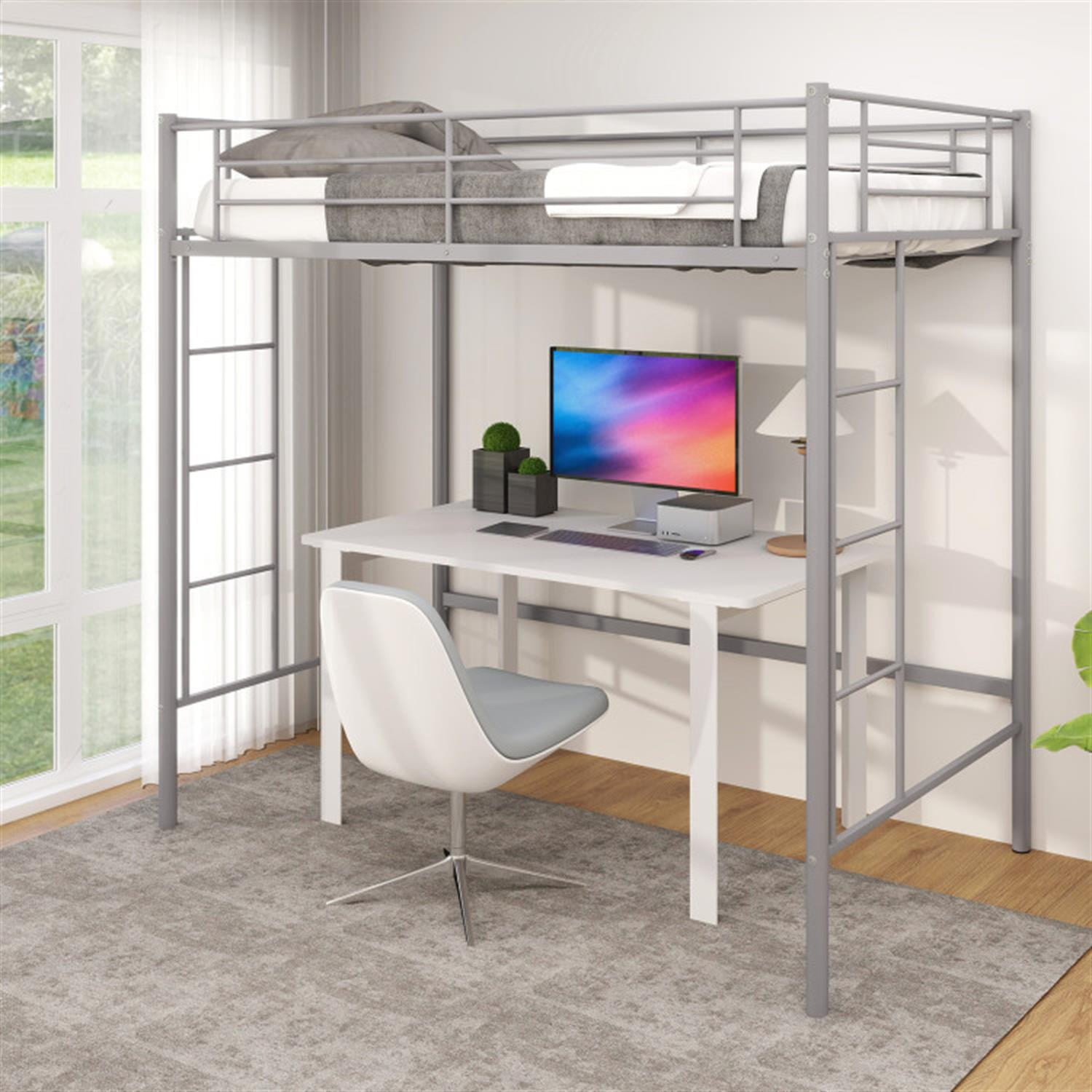 Demi Bonn Metal Twin Loft Bed Frame with 2 Ladders Full-length Guardrail for Teens, Silver