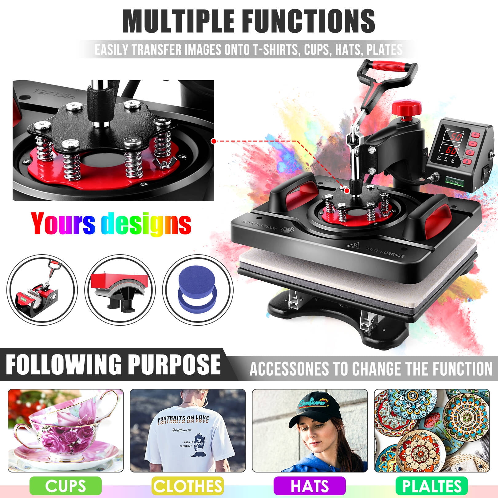 Adnoom 5 in 1 Heat Press Machine 15"x12" with LCD Control Panel, Full 360°Swing Away Heat Press Machine with Multi-Spring Pressure Knob, Sublimation Vinyl Digital Heat Press for Tshirt Cap Mug