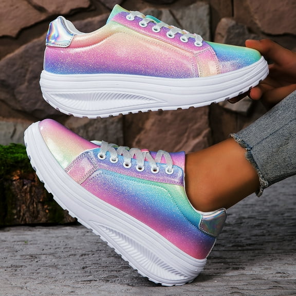 Women Shoes Fashion Sneakers For Women Rainbow Novel Shell Color Shoes For Girls Increase Comfort Platform Wedge Shoes