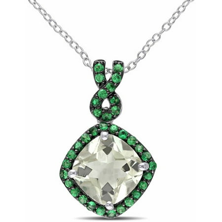 4-1/5 Carat T.G.W. Green Amethyst and Tsavorite Sterling Silver Halo Pendant, 18