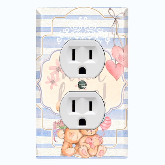 Metal Light Switch Wall Plate Outlet Cover (2 Teddy Bears With Love Heart Balloon Flower Blue Stripes - Single Duplex)