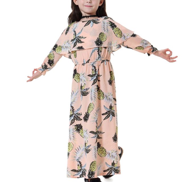 EGNMCR Robe Sans Manches à Col Rond Robe Musulmane Longue Robe Mi-Longue Grande Fille Robe à Manches Longues à Col Rond Imprimé Dentelle Robe Fille