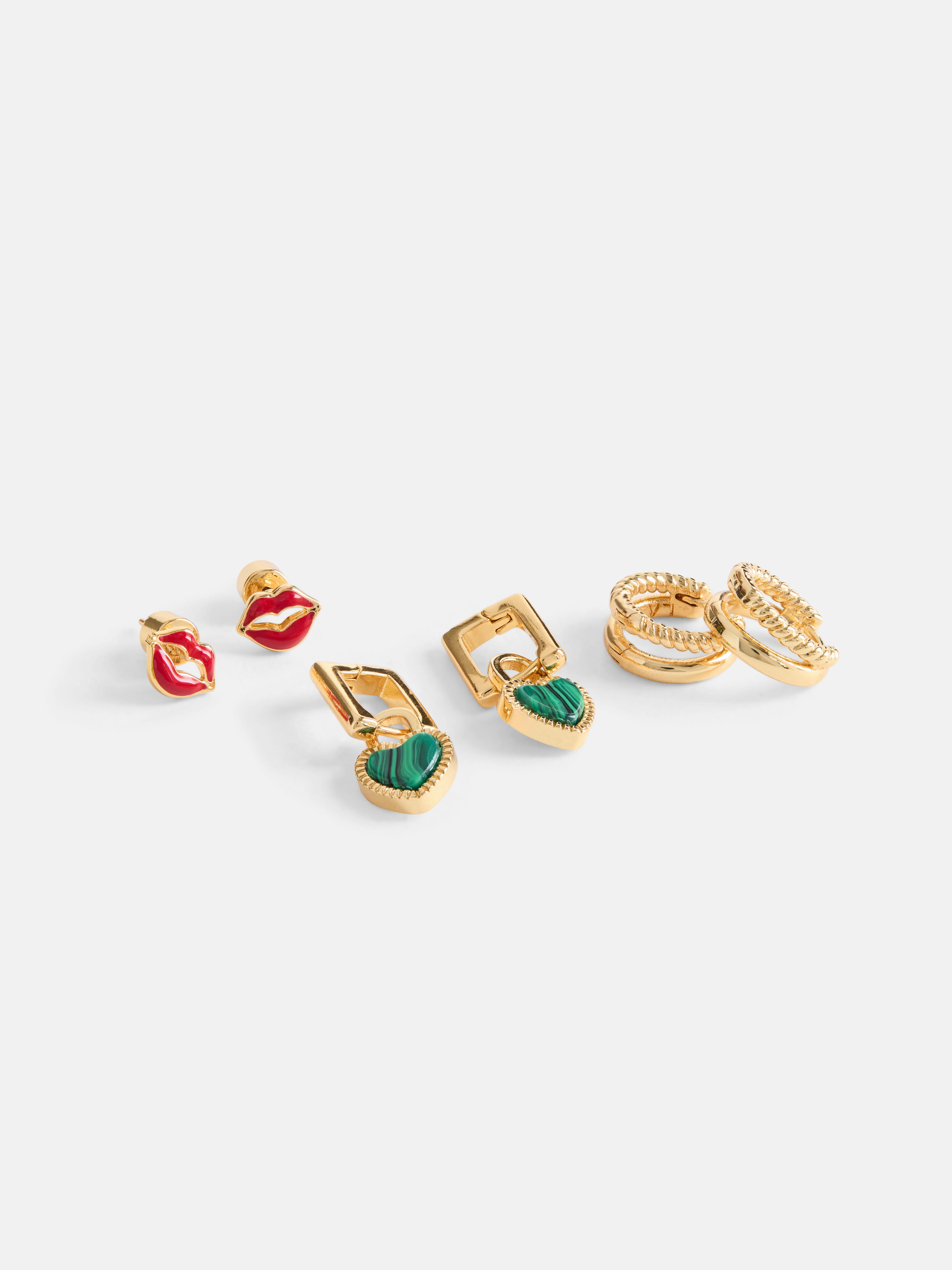 Free Assembly Women's Goldtone Lips, Hearts and Hoops Earring Set, 3-Pair
