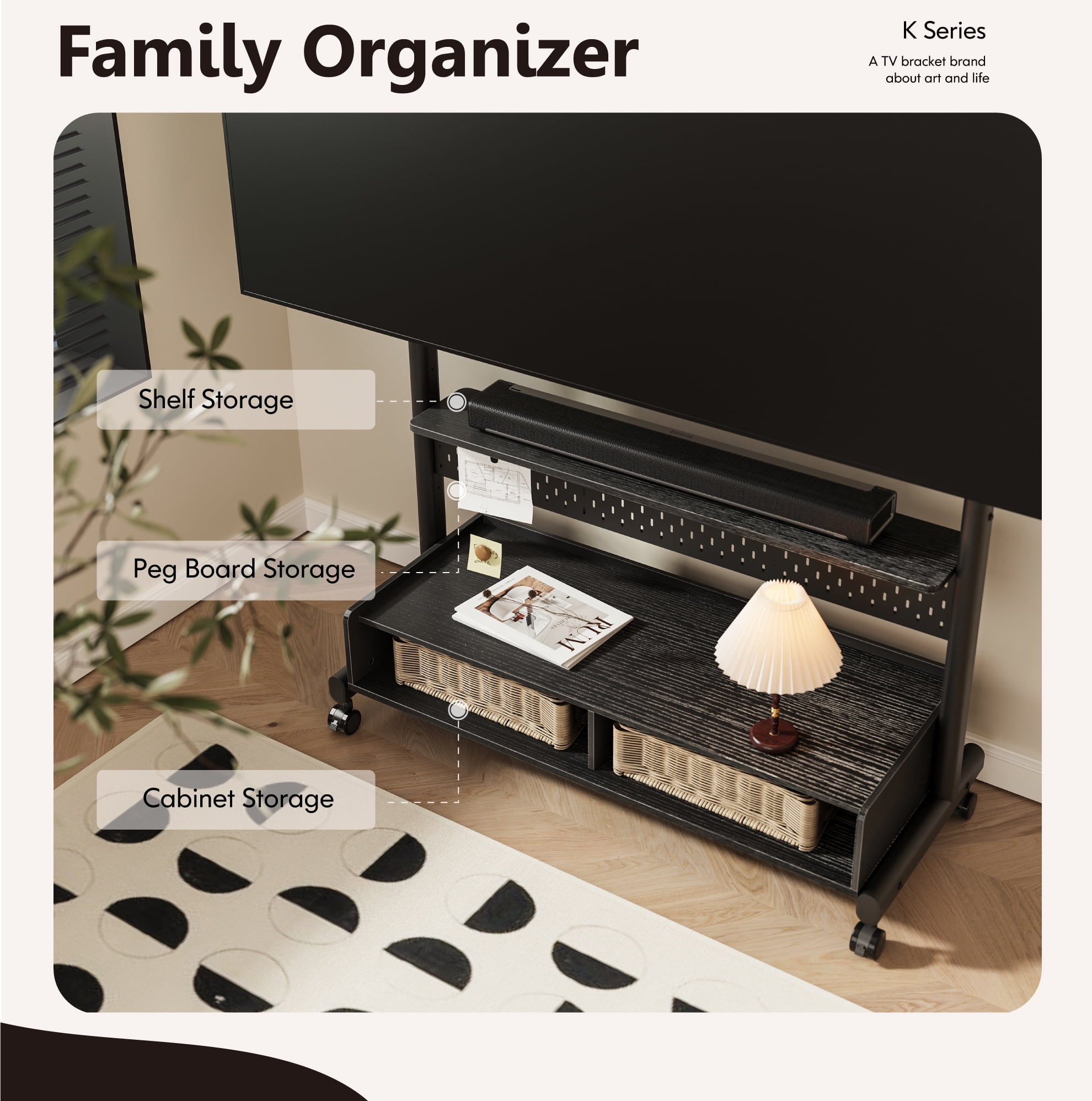 FITUEYES Rolling TV Stand with Wheels for 70-100 inch TVs,with Two Wooden Large Storage,Black