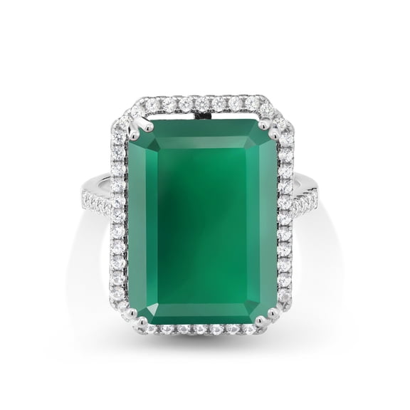 Gem Stone King 925 Sterling Silver Green Onyx Ring for Women (16.14 Cttw, Emerald Cut 18X13MM, Gemstone Birthstone, Available in Size 5, 6, 7, 8, 9)