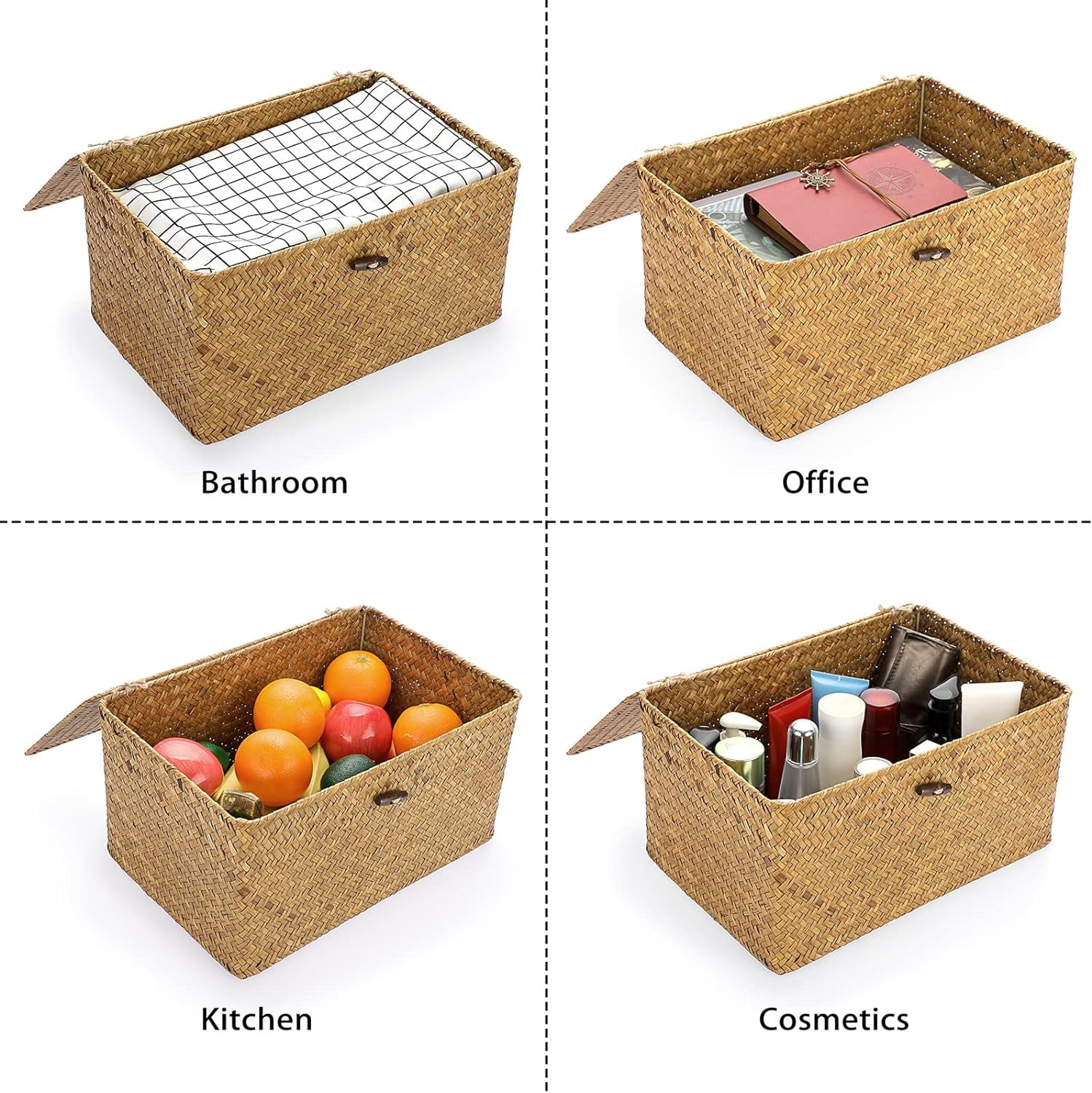 PandaTop Baskets with Lids,Wicker Storage Woven Basket,Shelf Wardrobe Organizer 11.5 inch Hand- Woven Storage Basket Bins,Rectangular Household Organizer Boxes for Shelf Desktop Home Decor (Large)