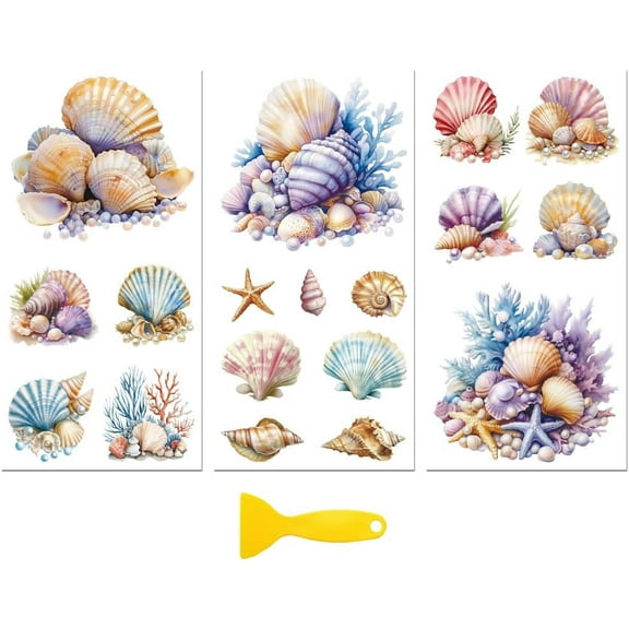 Rub on Transfer Decal Sticker for Furniture Craft Decor 6"x12" Colorful Shells 3Pcs Waterproof UV DTF Transfer for Drawer Dresser Glass Porcelain Wood Plastic Window Colorful DIY