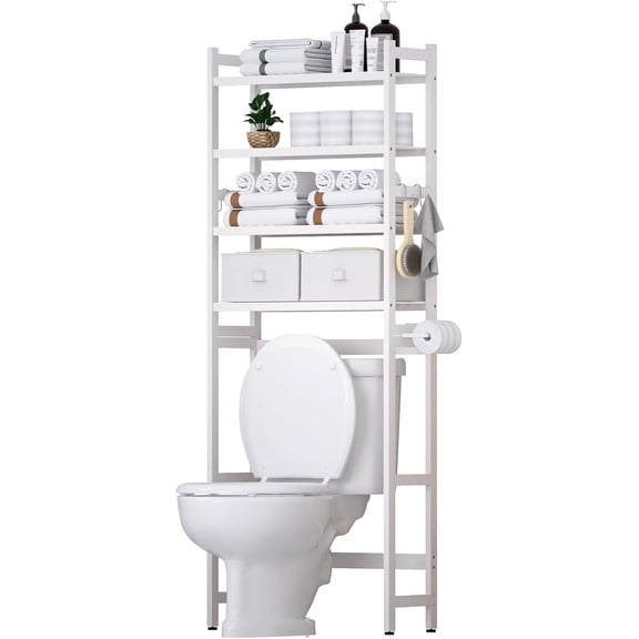 Over The Toilet Storage with 2 Baskets, 4-Tier Bamboo Organizer Rack with Paper Holder & 4 Hooks & Waterproof Feet Pad,Freestanding Shelf for Bathroom(White)