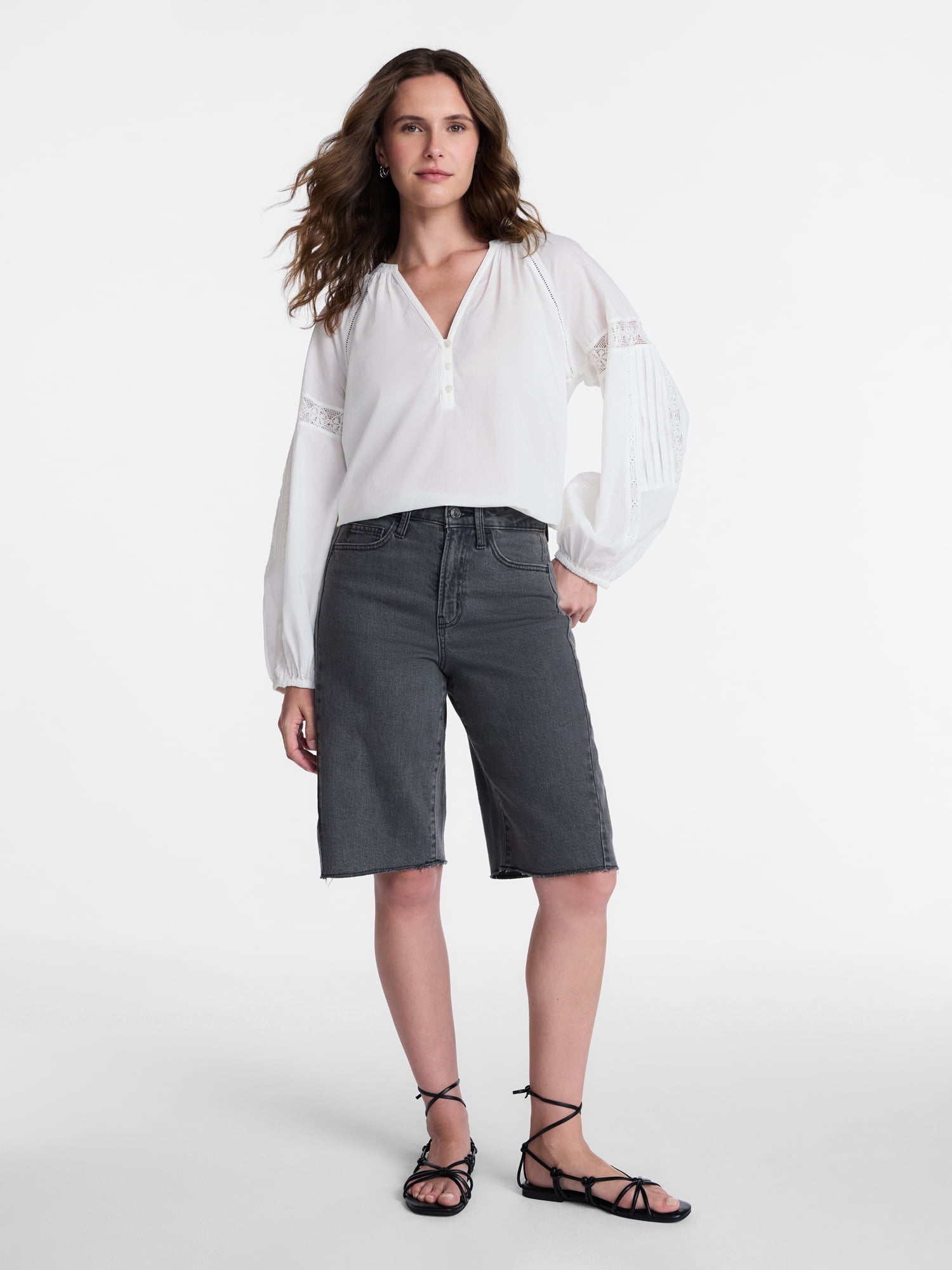 Time and Tru Women's Lace Insert Popover Full Sleeve Top, Sizes XS - XXXL