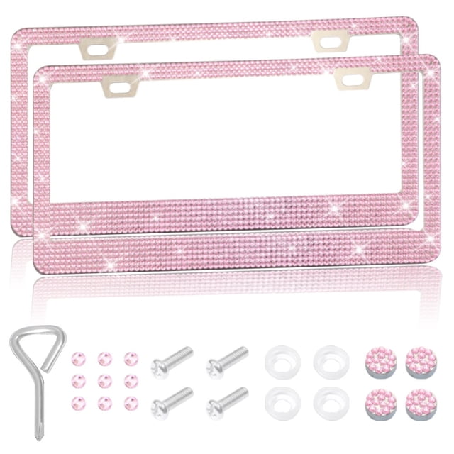 CUITING 2PCS Bling Car License Plate Frame Sparkly Rhinestone Stainless Steel License Plate Cover/Holder Universal for Most Cars SUVs Vehicles with Screw Set Auto Accessories for Wom