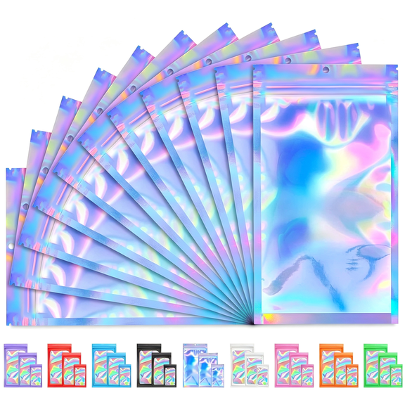 CCOCC 100 Pcs Holographic Bags for Lashes, Press on Nails, Candy, Small Baggies Sample Bag Smell Proof Packaging Bags for Jewelry, Resealable Bags for Small Business, Food Storage Bags