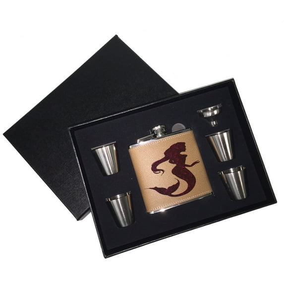 KuzmarK 6 oz. Leather Flask Set in Black Presentation Box - Mermaid Nautical