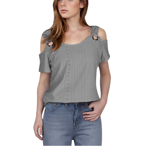 Staron Women's Casual Off Shoulder Top Eyelet Embroidery Short Sleeve Round Neck Pullover Blouse Shirt, Gray M