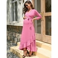 thumbnail image 3 of Women's Maternity Dress V Neck 3/4 Sleeve Ruffle Long Dress High Waist A Line Maxi Dress with Belt, 3 of 5