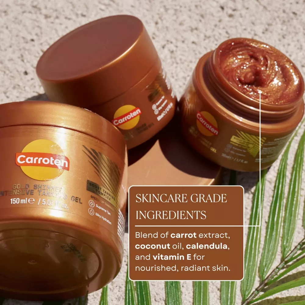 Carroten Gold Shimmer Intensive Tanning Gel | Browning Tan Accelerator | Non-Greasy, Water-Resistant with Carrot and Coconut Oil | Vitamin A & E For Moisture & Hydration | 1.7 Fl Oz