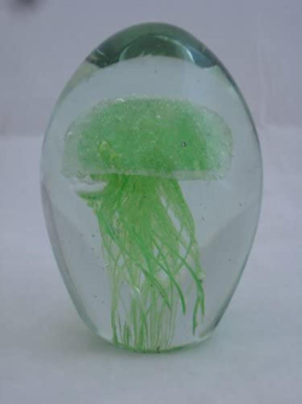 4.5, Dark Blue & Green Glow in The Dark Sunrise Crystal Hand Blown Glass Art Jellyfish Paperweight 