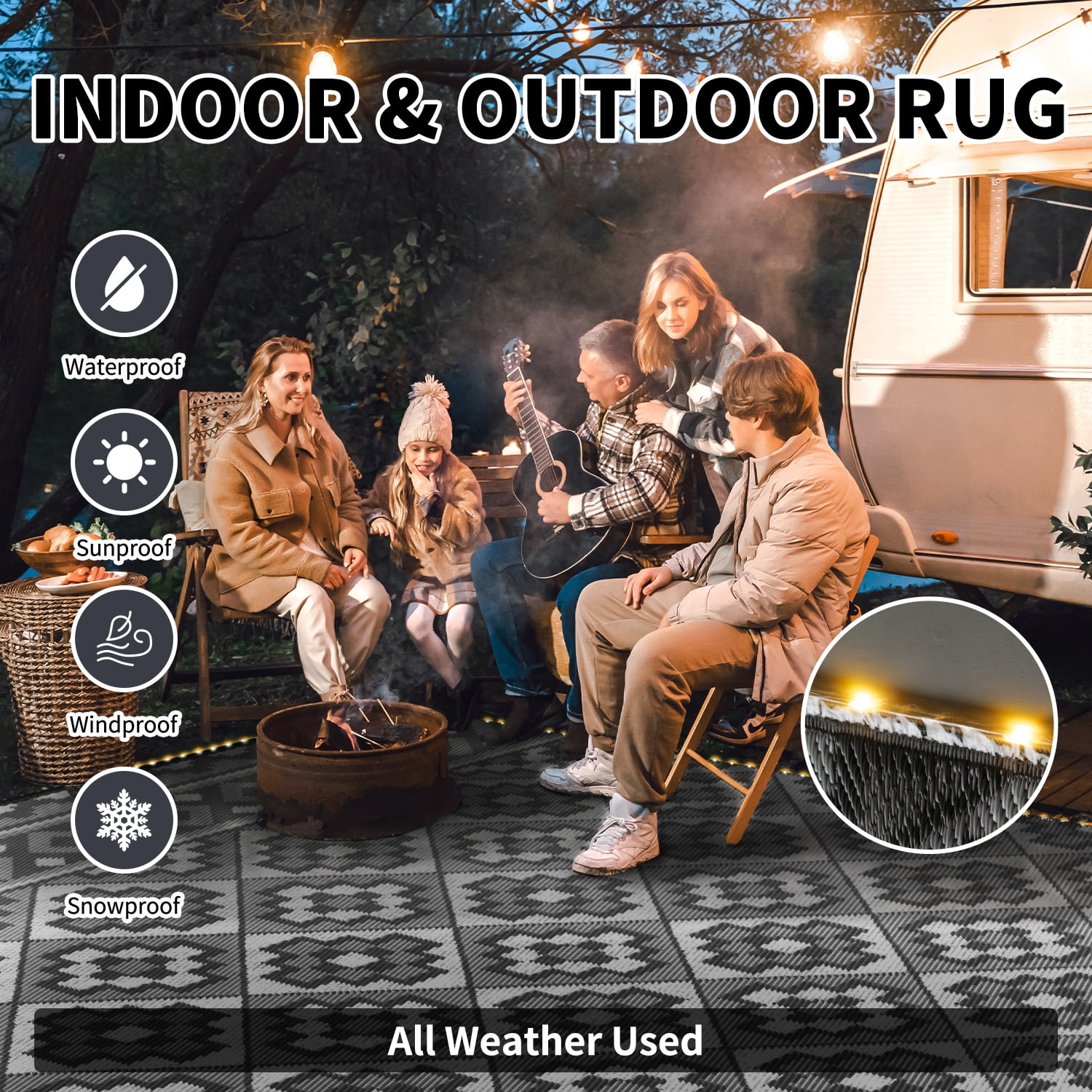 SIXHOME Outdoor Rug with LED Strip Light 9'x12' Waterproof Reversible Patio Rug Modern Lightweight Plastic Straw Indoor Outdoor Rug for RV Camping Deck Balcony Porch Boho Patio Decor Light Gray