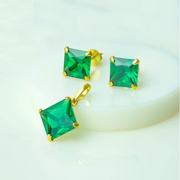 14K Yellow Gold Plated Pendant Necklace Stud Earring 3.00Ct Princess Cut Simulated Green Emerald Solitaire Women's Engagement Jewelry Set 925 Silver