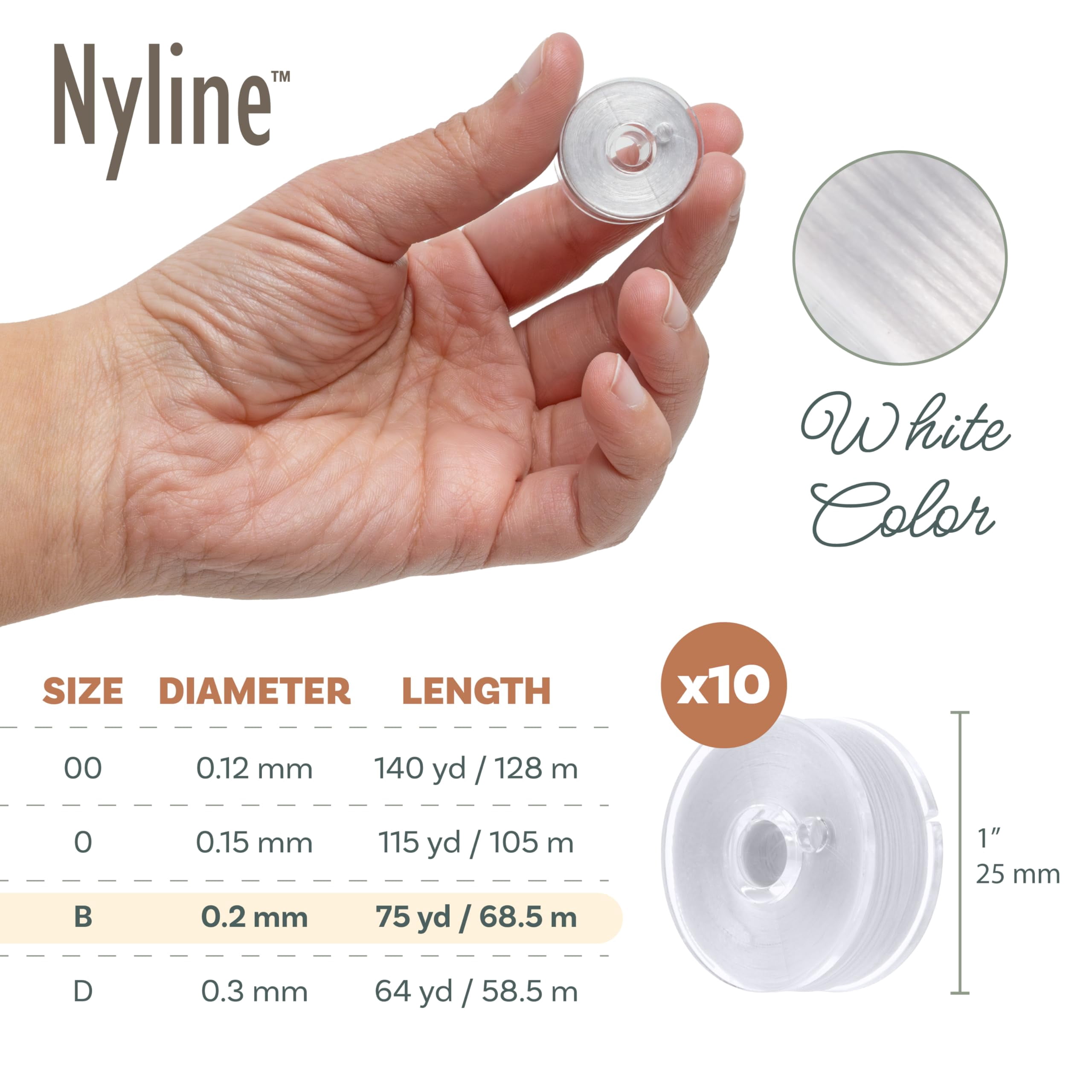 The Beadsmith Nyline Nylon Beading Thread - Size B (0.2 mm), White, 10 Spools, 75 yd Each