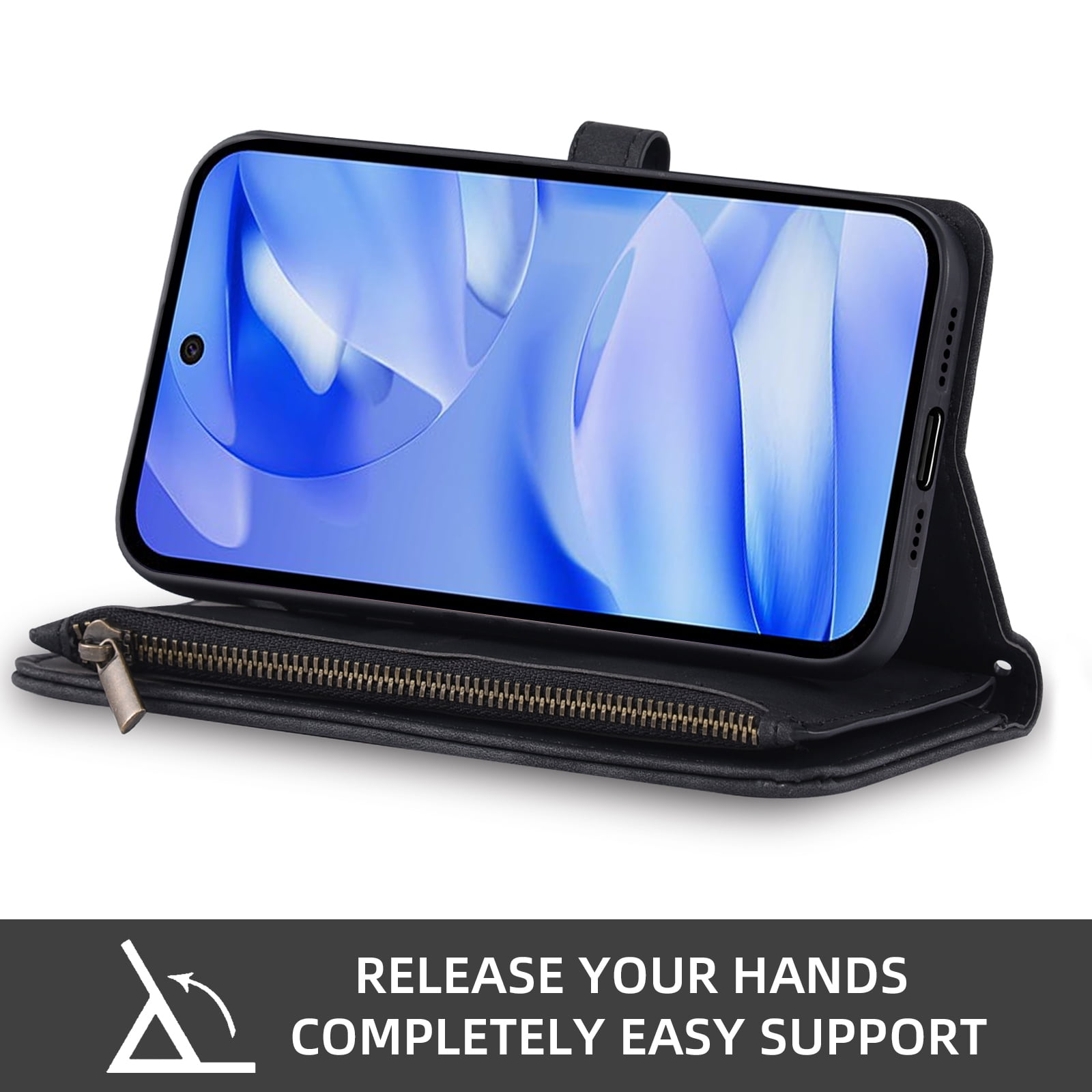 Asuwish Phone Case for Google Pixel 9A Wallet Cover With Tempered Glass Screen Protector Crossbody Wrist Strap Flip Pattern Zipper Credit Card Holder Stand Slot Cell Pixel9A A9 5G Women Men Black