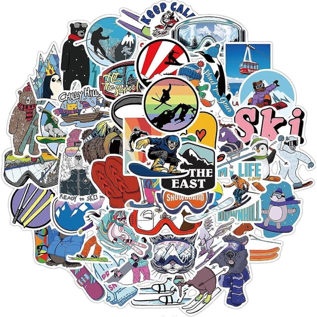50PCS Winter Skiing Stickers,Ski Cartoon Decals Vinyl Waterproof Stickers for Water Bottle Laptop Luggage Helmet Skateboard Snowboard Guitar Scrapbook