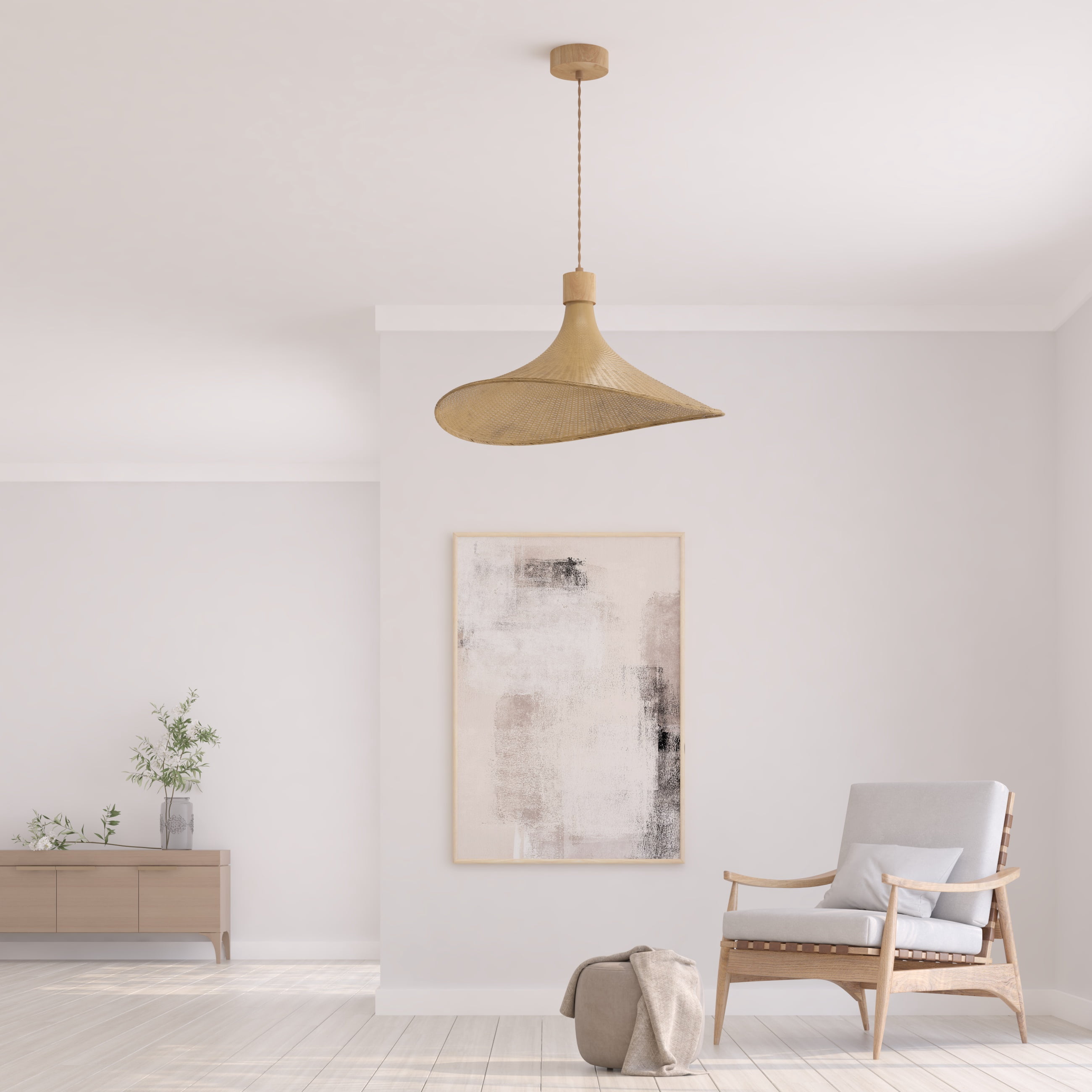 Ozarke Avery Rattan Pendant Light - 1-Light Adjustable Light Fixture Ceiling Mount Kitchen Island, Bamboo Woven Wicker Ceiling Hanging