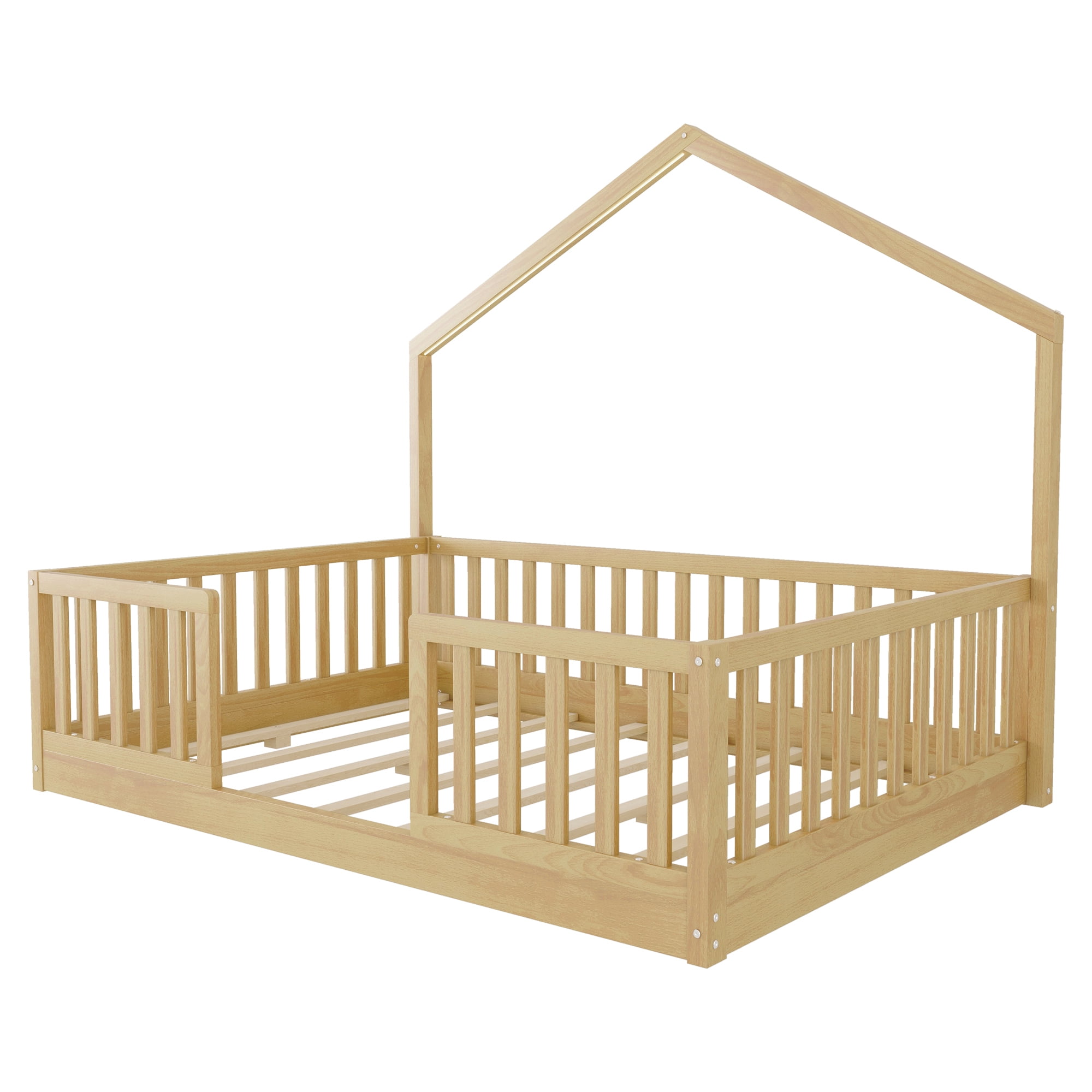 Euroco Wood Full Size Floor Bed with LED Light, Natural