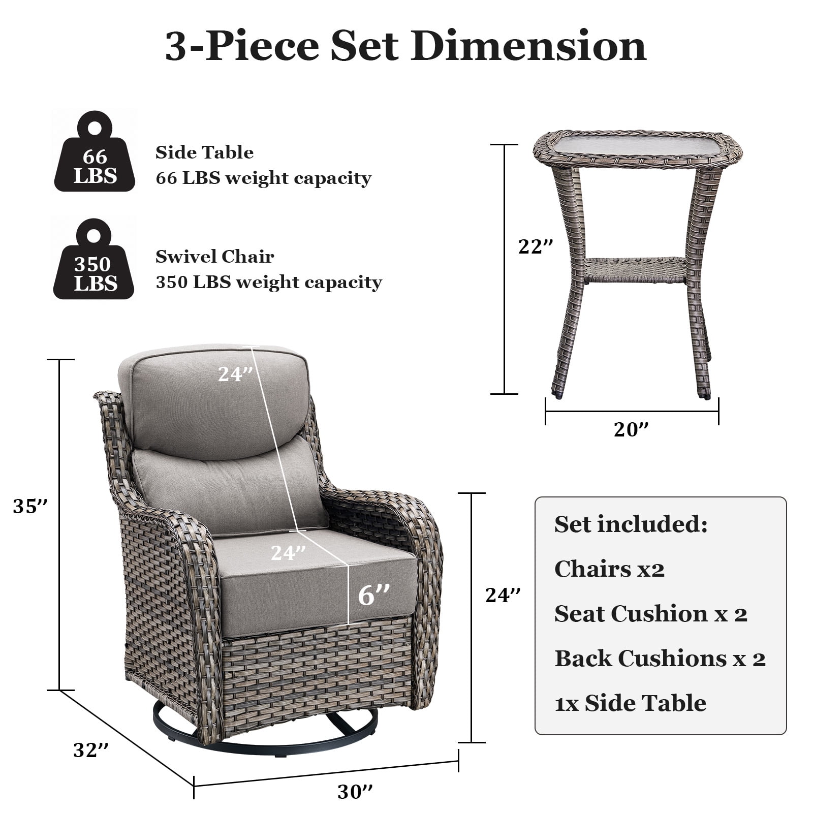 Planntonneo 3-Piece Patio Furniture Set - Wicker Swivel Glider Chairs with 6-Inch High-Resilience Cushions and Side Table, Grey/Beige