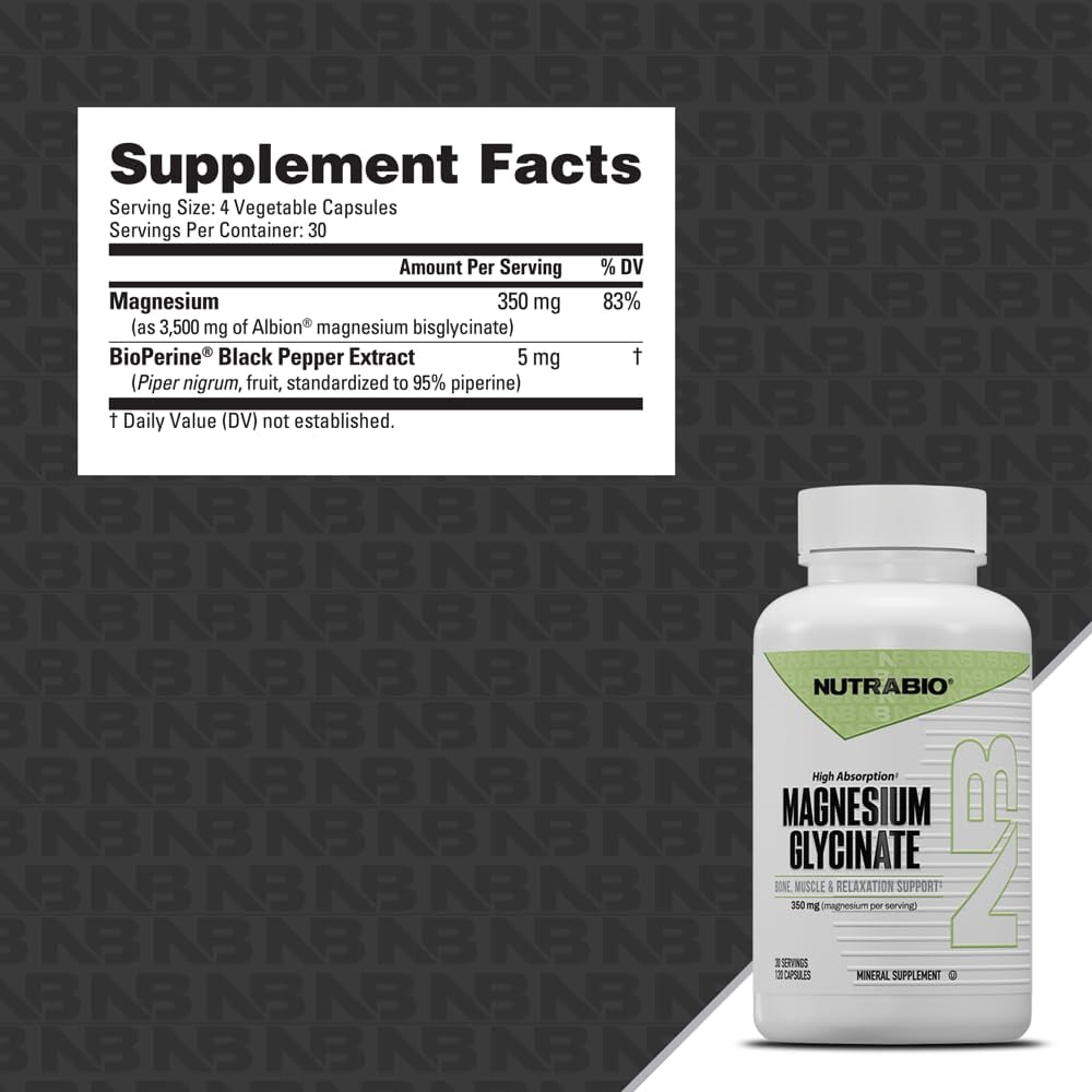 NutraBio- Magnesium Glycinate- Pure Magnesium Glycinate- Magnesium Sleep Supplement, Supports Relaxation, Heart Health, Nerves, Muscles, and Metabolism- 350 mg- 120 Capsules