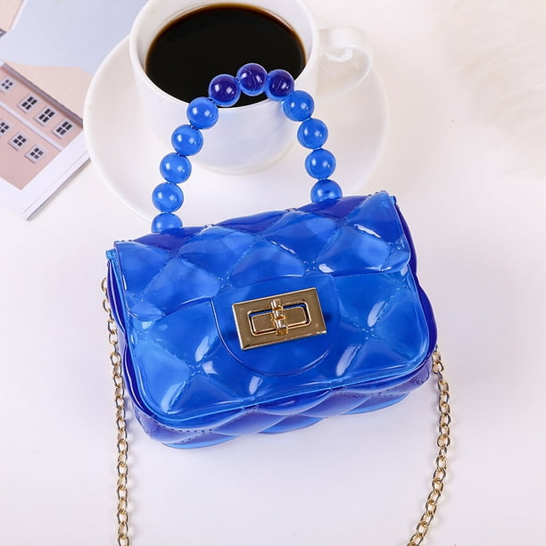 Jelly Handbag for Women Portable Diagonal Pearl Bag Chain Shoulder bag Mini Waterproof Colorful Bag Blue