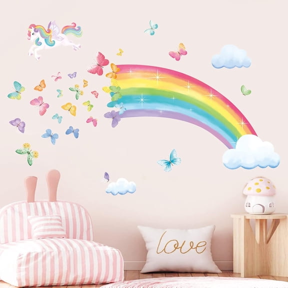 CCOCC Rainbow Wall Decals Unicorn Rainbow Butterflies Clouds Wall Stickers Baby Nursery Girls Bedroom Daycare Wall Decor Gifts for Girls Dreamy Wall Stickers for Girls Room