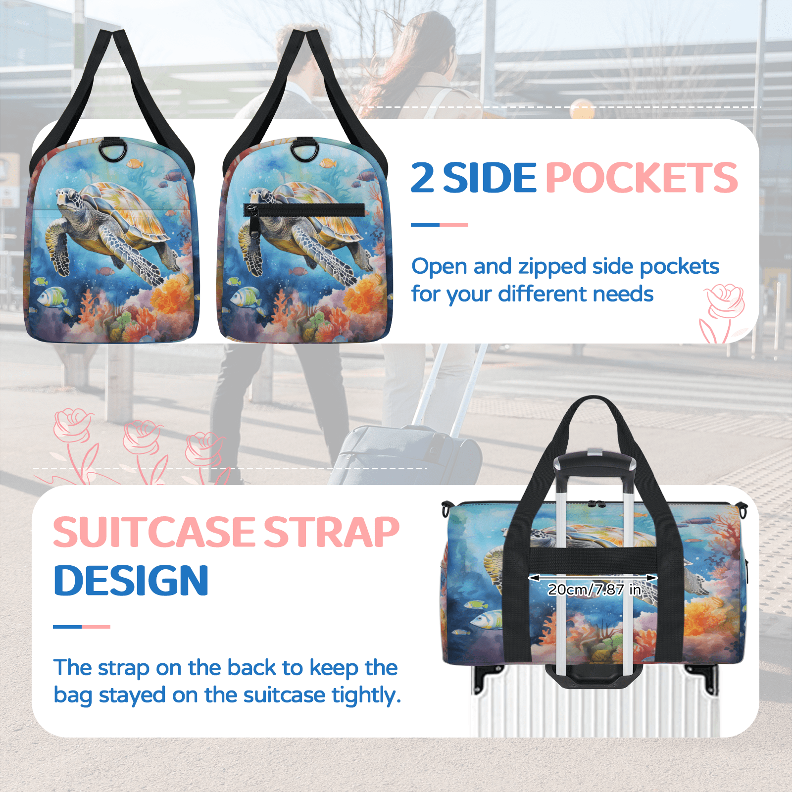 Herdesigns Sea Turtle Theme Travel Duffle Bag Sports Yoga Weekender Overnight Carry on Workout Bags Lightweight Waterproof Gym Tote Bag for Women