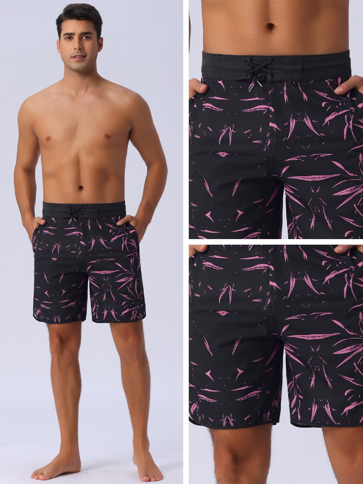 DARING DIVA Men's Elastic Waist Drawstring Hawaiian Print Athletic Swim Trunks 36 Black
