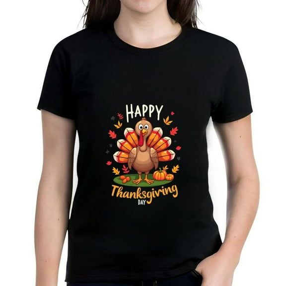 Colorful Cartoon Turkey Thanksgiving T-Shirt - Short Sleeve Cotton Tee with Autumn Leaves & Pumpkins Design - Happy Thanksgiving Day Graphic