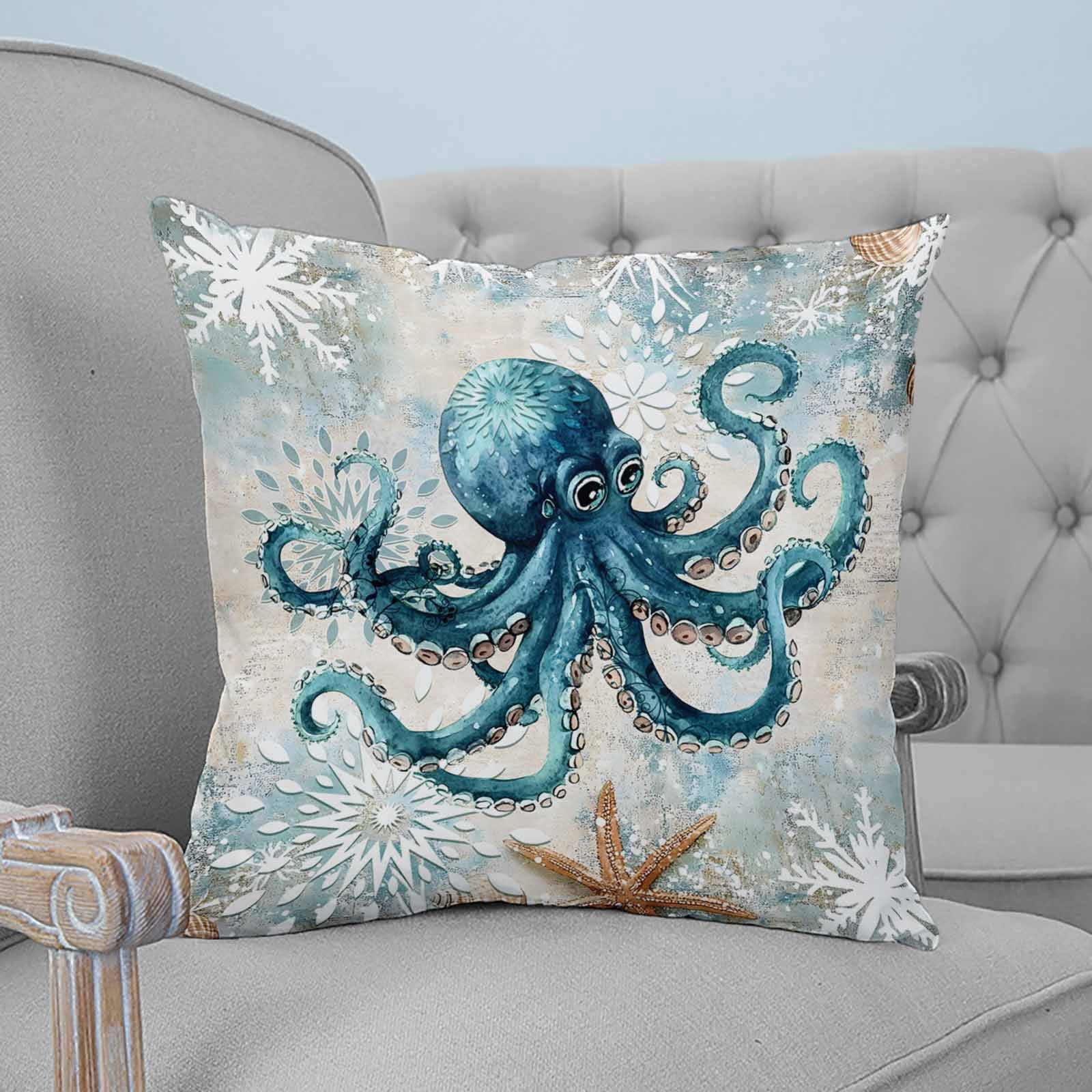 Teal Octopus Coastal 24x24 Pillow Covers Set of 2, Summer Beach Vintage Nautical Throw Pillow Covers Decorative Couch Cushion Case, Microfiber Square Pillowcases for Bedroom Car Living Room