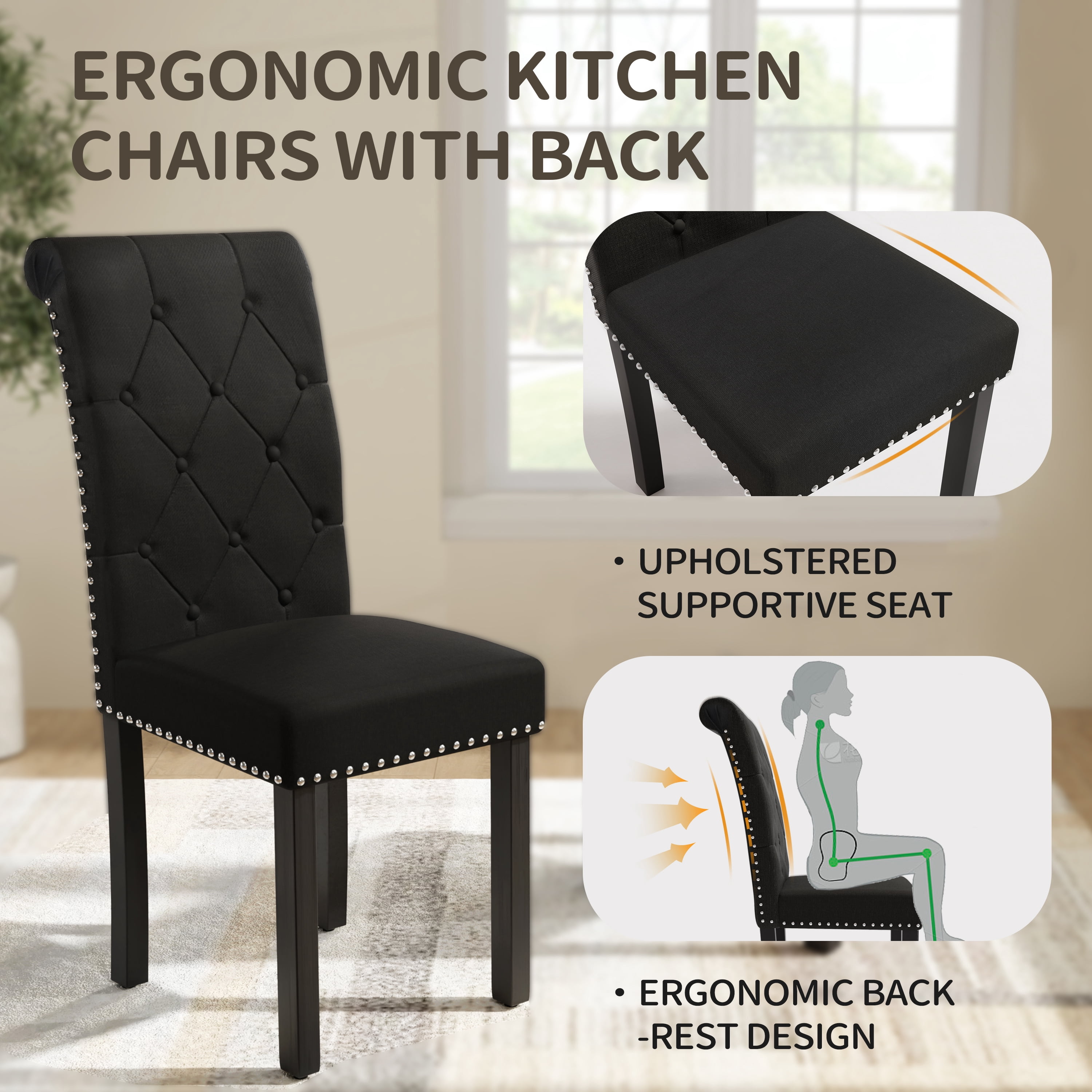 DONICK Rolled-Up High-Back Upholstered Dining Chairs With Tufted Solid Wood Legs Nailhead Trim For Home,Restaurant,Dining Room(Black,Set of 2)