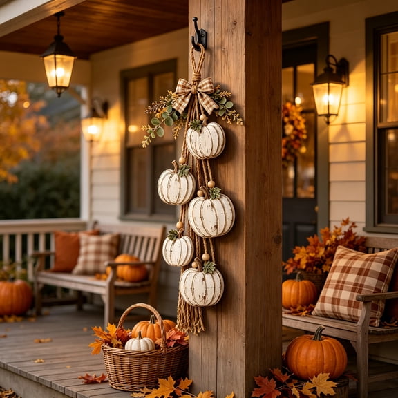 Farmhouse Fall Pumpkin Door Hanging Swag, Distressed White Wooden Pumpkins with Plaid Bow, Hanging Wall Ornament for Front Porch, Entryway, Thanksgiving & Harvest Season Home Decor
