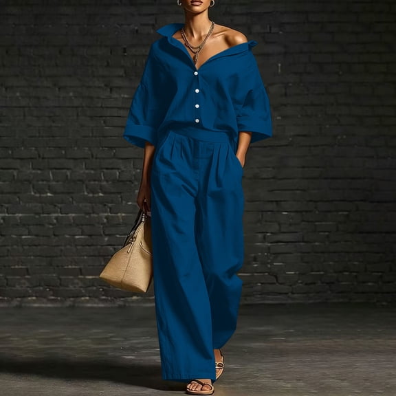 Women's Matching Tracksuit Set Baeitkot Women's Solid Casual 2 Piece Outfits Oversized Button Down Shirts High Waist Pleated Wide Leg Pants Loose Matching Tracksuit Set Navy XXXL
