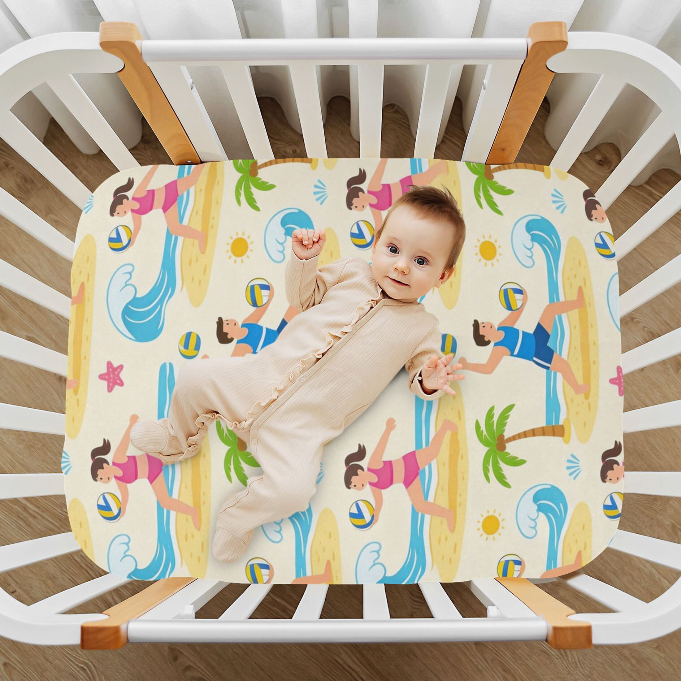 Baby Essentials 52”x 28”- Standard Cotton-like Modal Elastic- Beige Volleyball Design Crib Sheets for Newborns and Toddlers